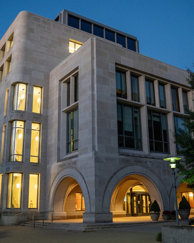 An early evening shot of a large building.