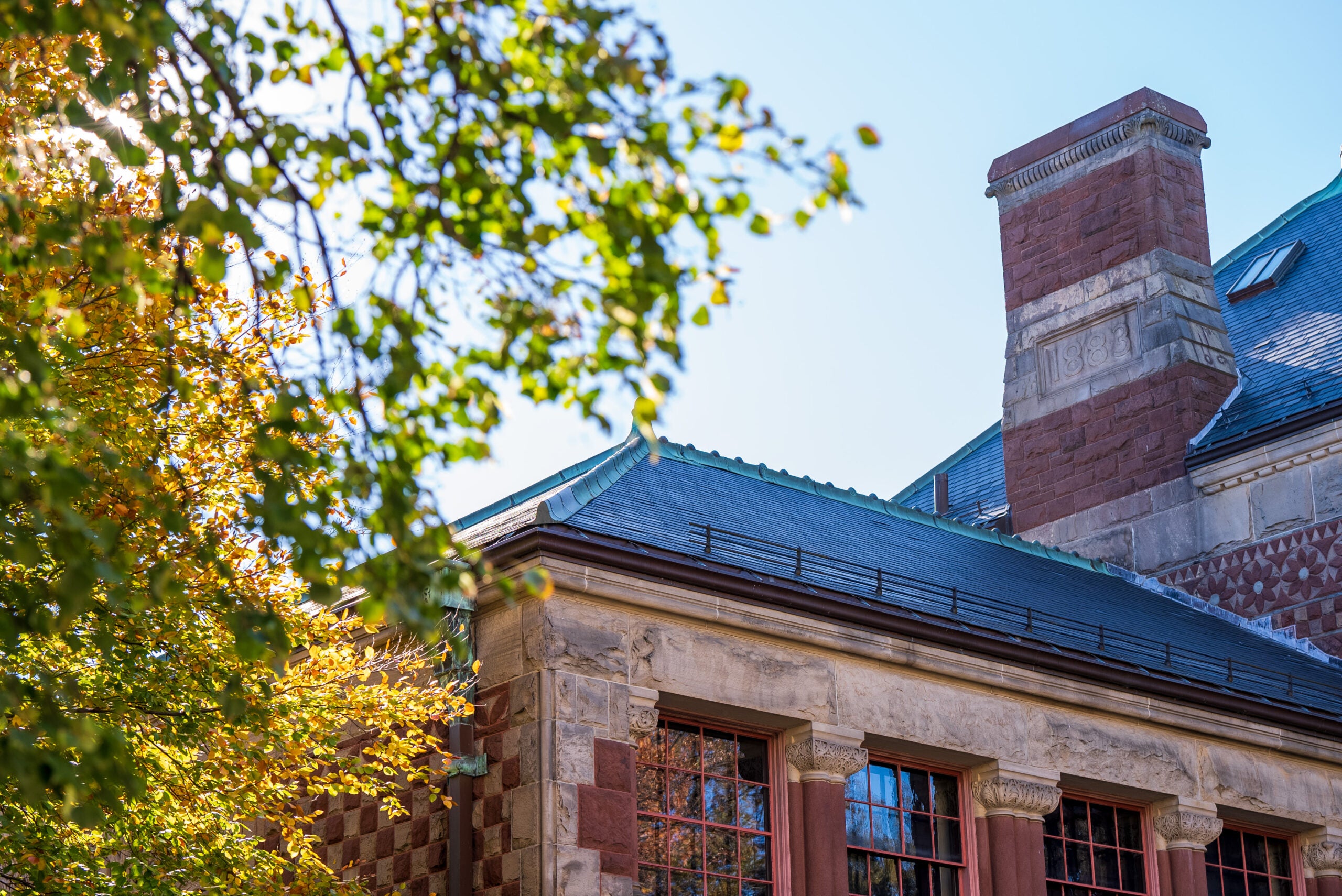 The exterior of a red brick building framed by fall leaves.