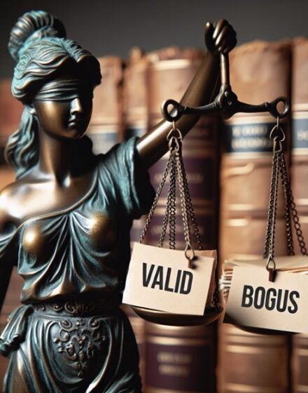 scales of justice with the words “valid” and “bogus” being balanced.