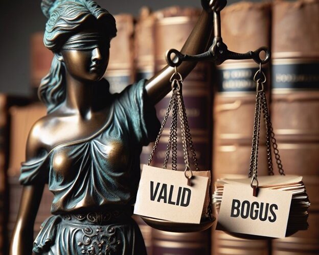 scales of justice with the words “valid” and “bogus” being balanced.