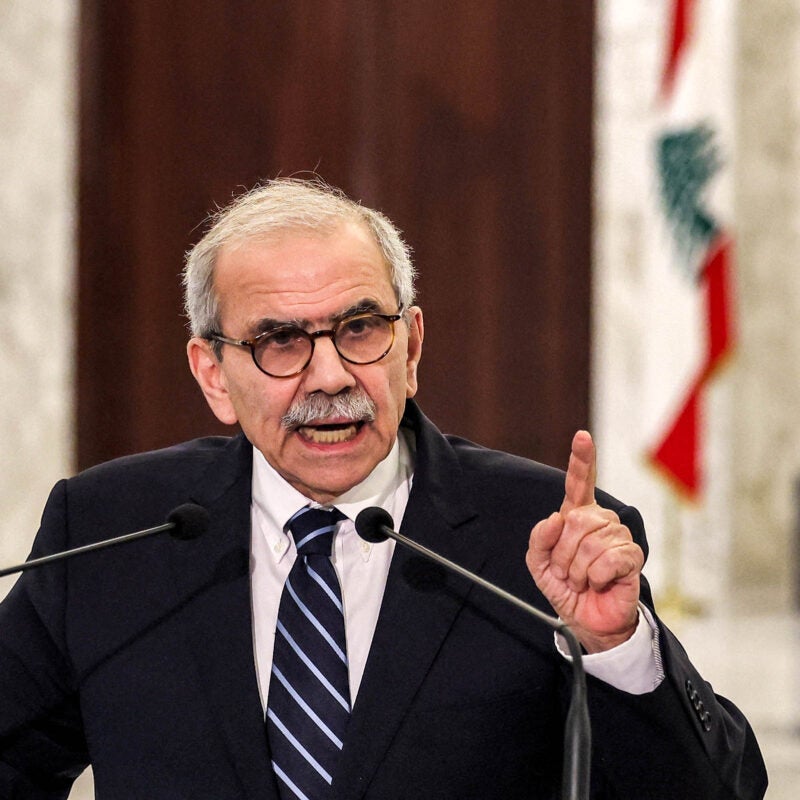 Nawaf Salam delivering a statement at the presidential palace.