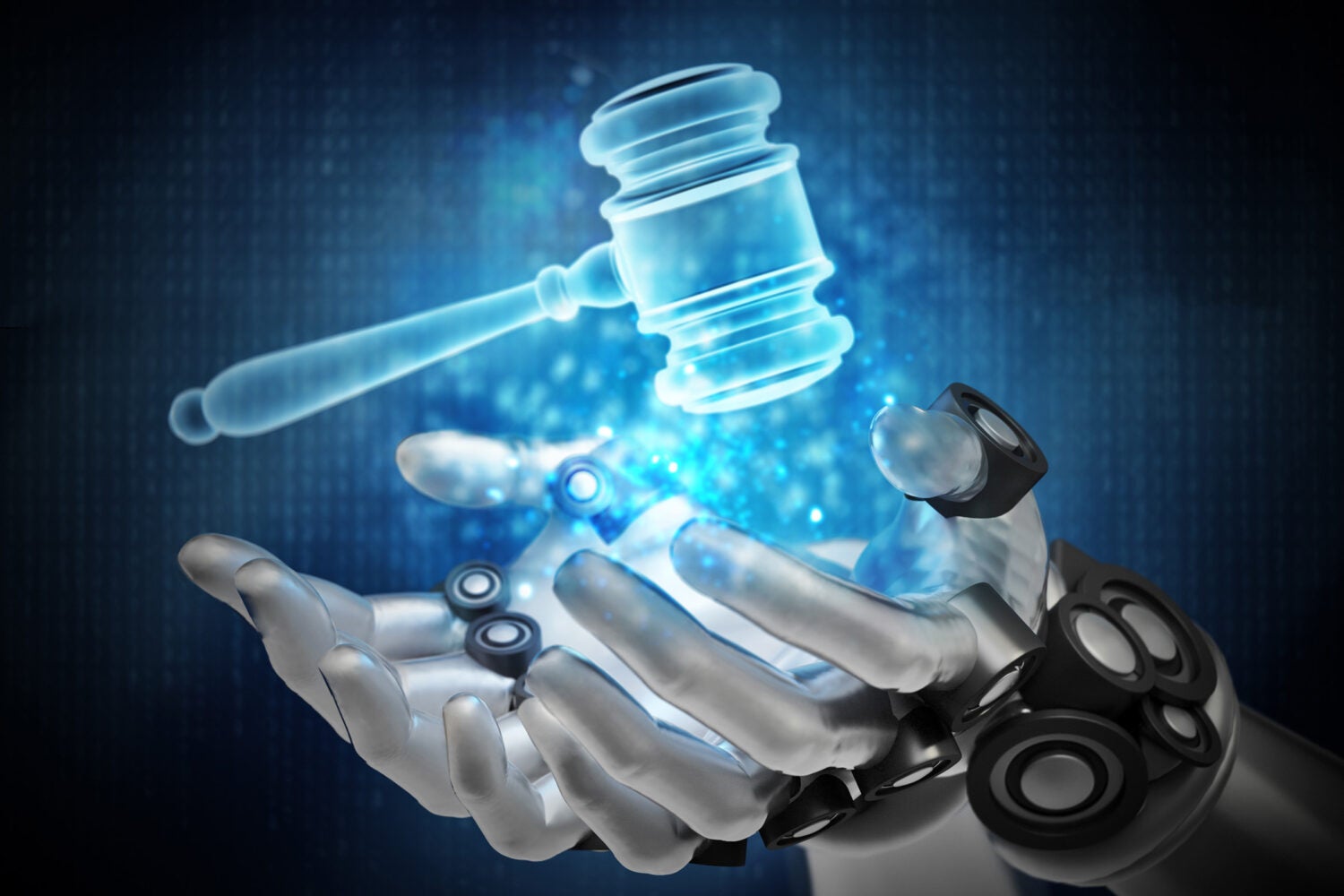 Blue gavel hologram over robotic hands.