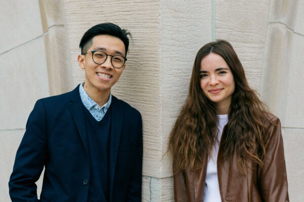 Louis Lin ’25 and Tamara Shamir ’25 stand outside a building