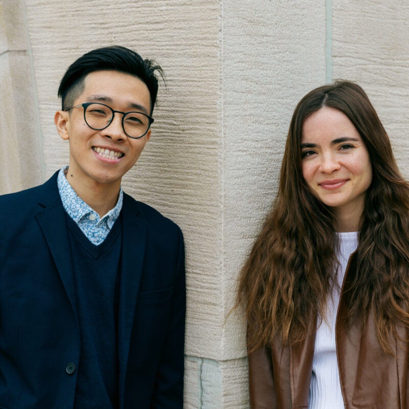 Louis Lin ’25 and Tamara Shamir ’25 stand outside a building