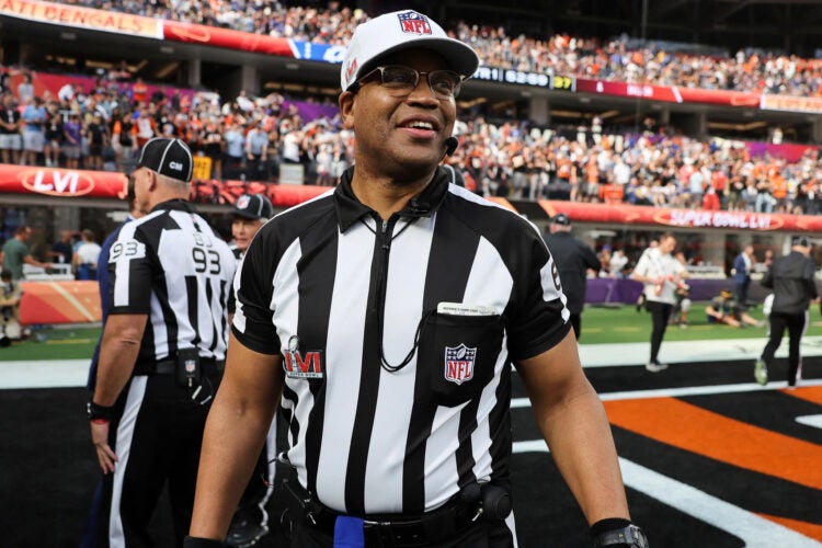 Ron Torbert in referee gear at the Super Bowl. Image by Ben Liebenberg via AP.