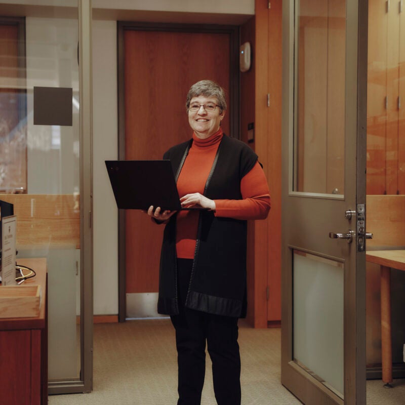 Adriaan Lanni at the doorway of her office