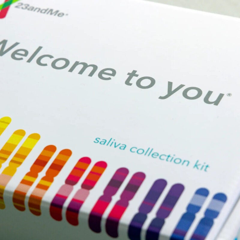 23andMe DNA collection kit.