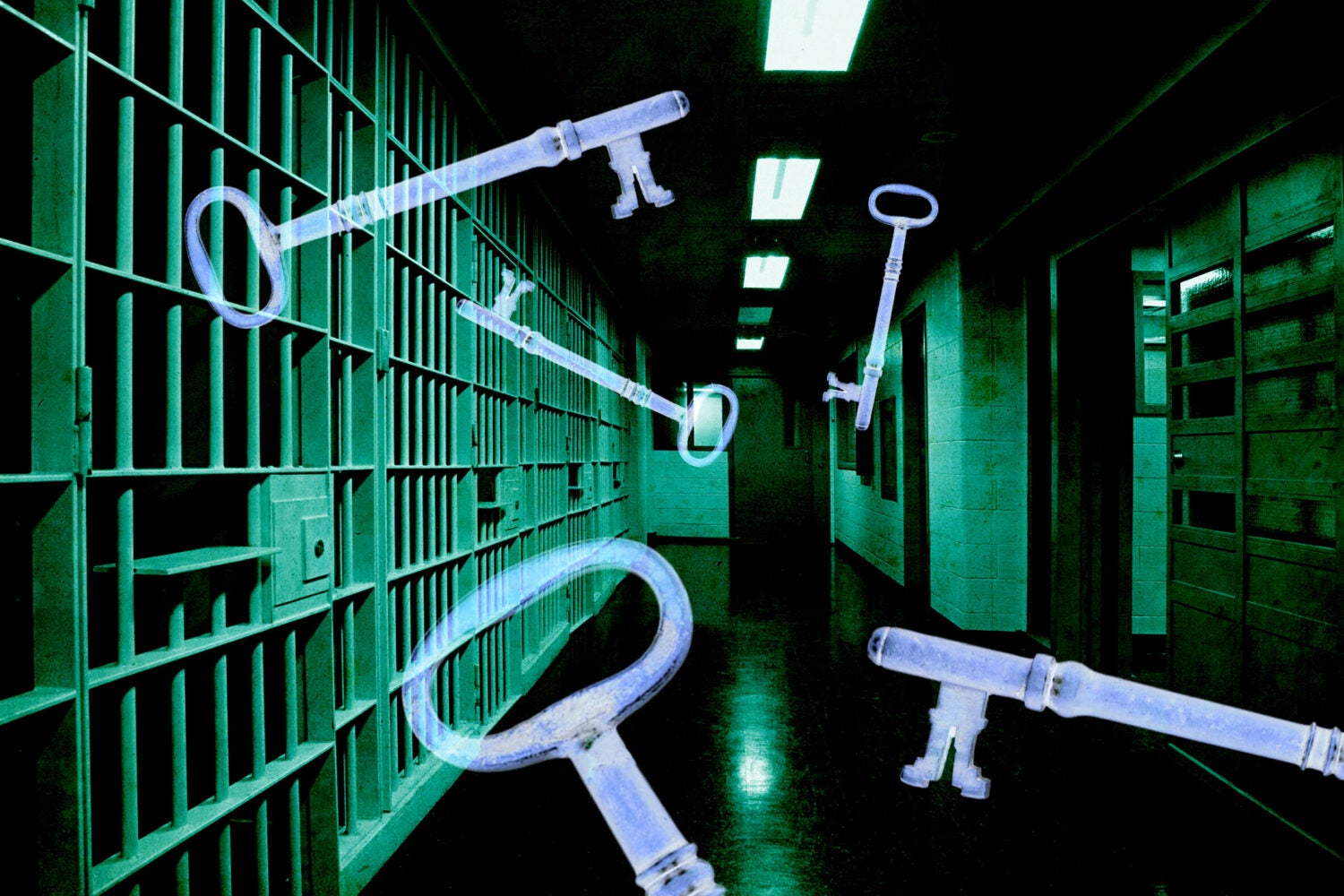 An illustration looking down the hallway of a jail cells with keys floating in the center of the space.