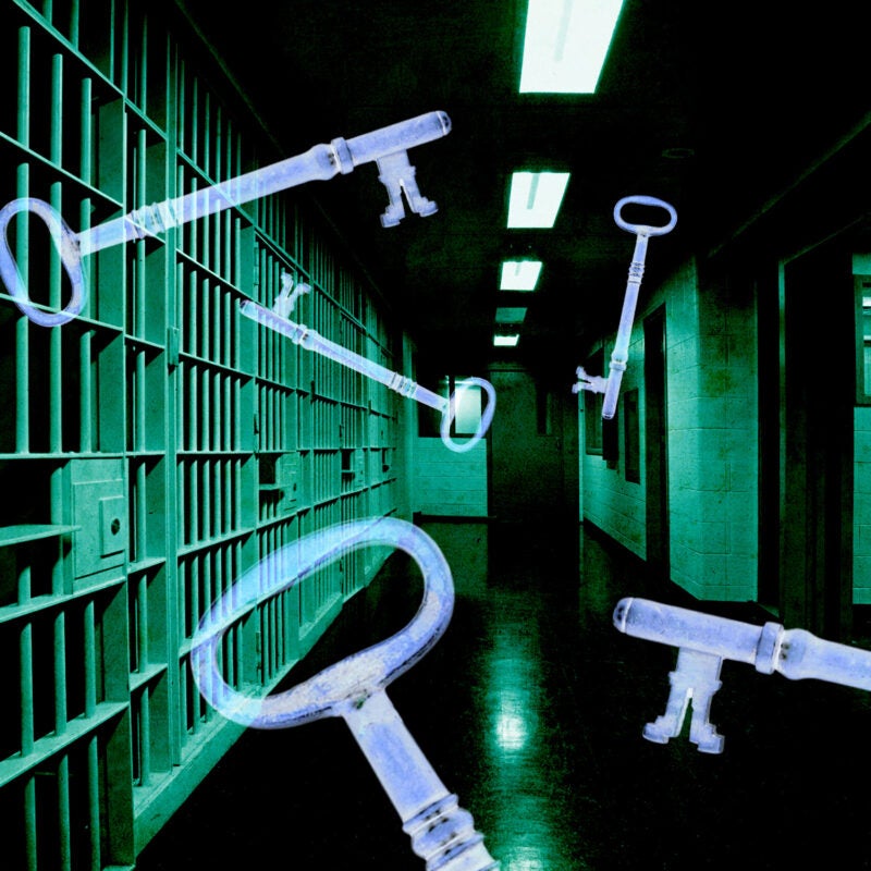 An illustration looking down the hallway of a jail cells with keys floating in the center of the space.