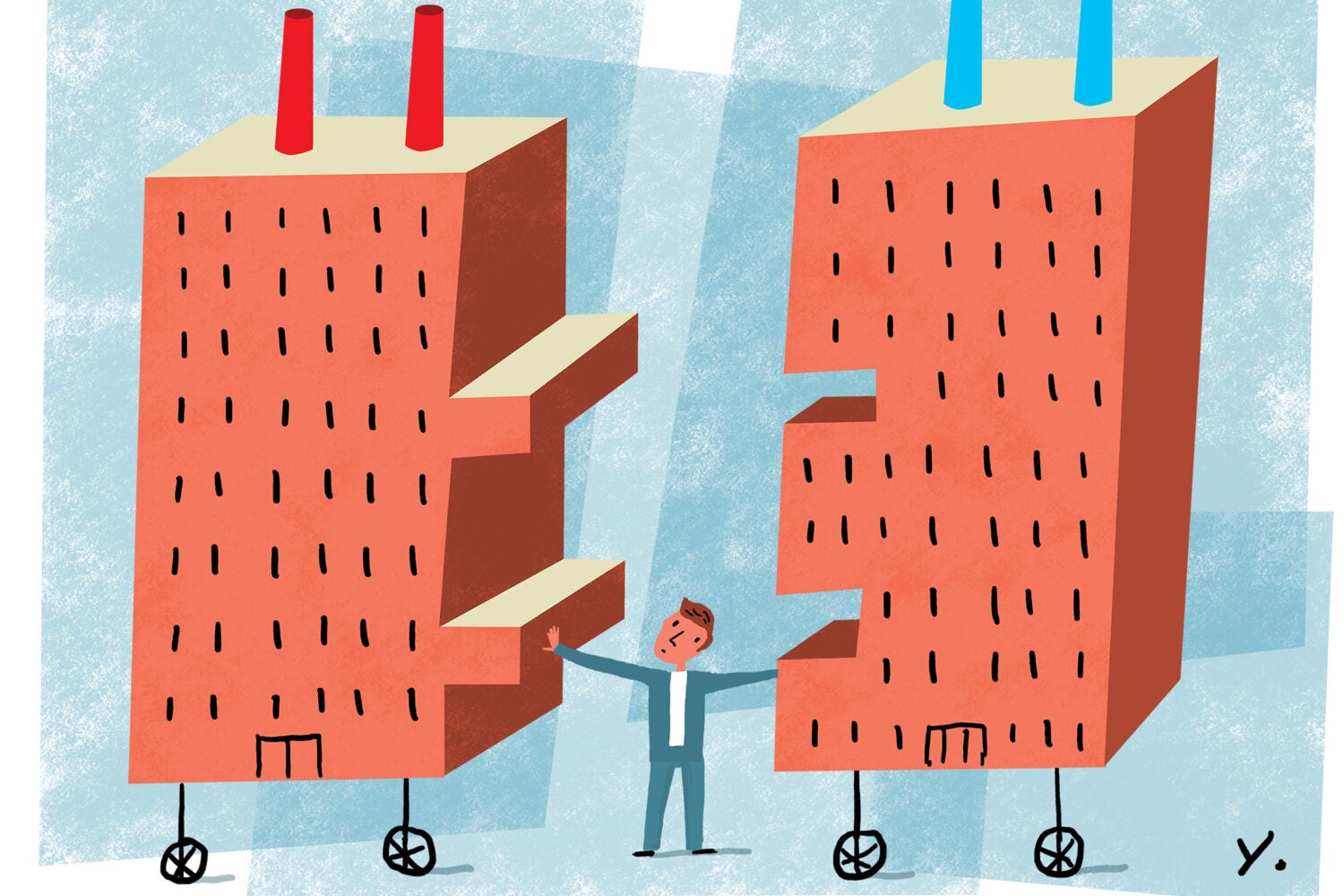 In and illustration a man stands between two buildings shaped like blocks that fit into each other.