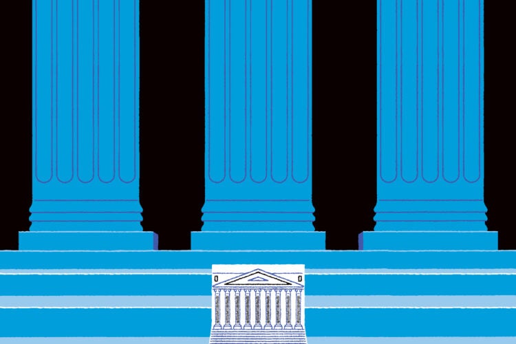 Tall blue court columns in the background with an small line drawing of the front exterior of a courthouse