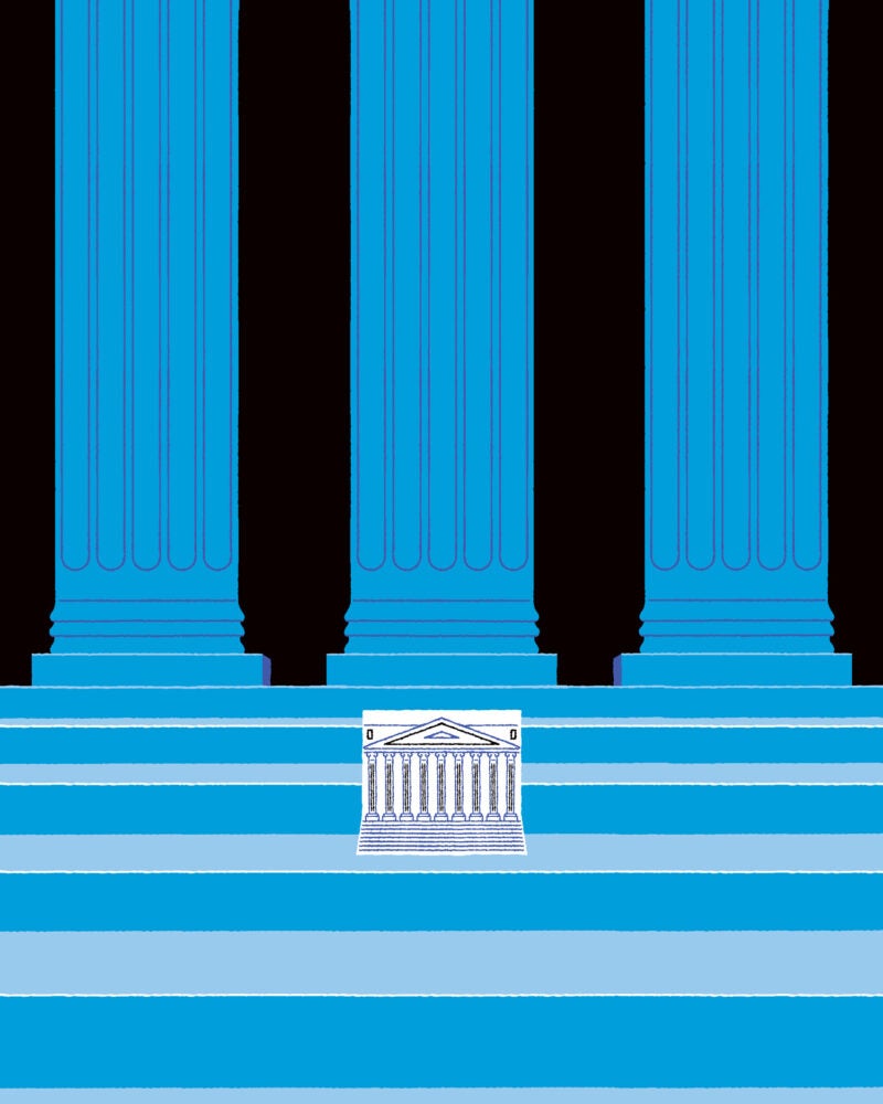 Tall blue court columns in the background with an small line drawing of the front exterior of a courthouse