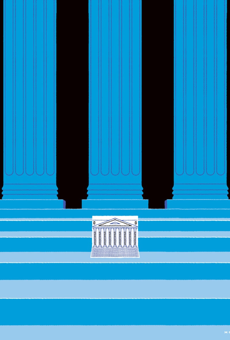 Tall blue court columns in the background with an small line drawing of the front exterior of a courthouse