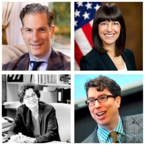 Head shots of HLS professors Jonathan Zittrain, Lucie White, Noah Feldman and Elizabeth Prelogar