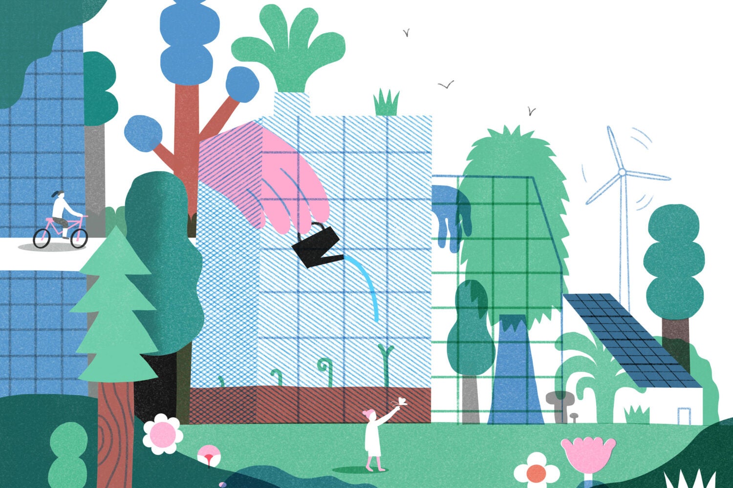 A illustrated scene of a city scape with growing plants, trees and flowers, bike riding, and a woman holding a butterfly.