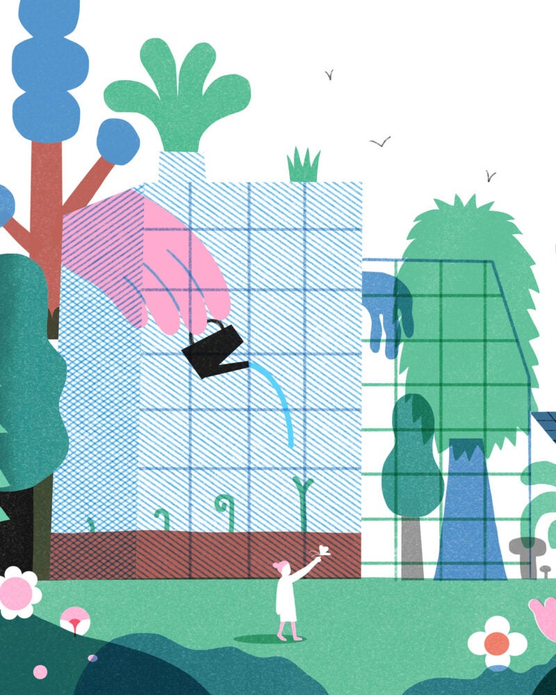 A illustrated scene of a city scape with growing plants, trees and flowers, bike riding, and a woman holding a butterfly.