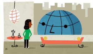 An illustration showing a woman looking out of her apartment window at a globe with a face looking in.