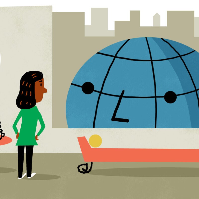 An illustration showing a woman looking out of her apartment window at a globe with a face looking in.