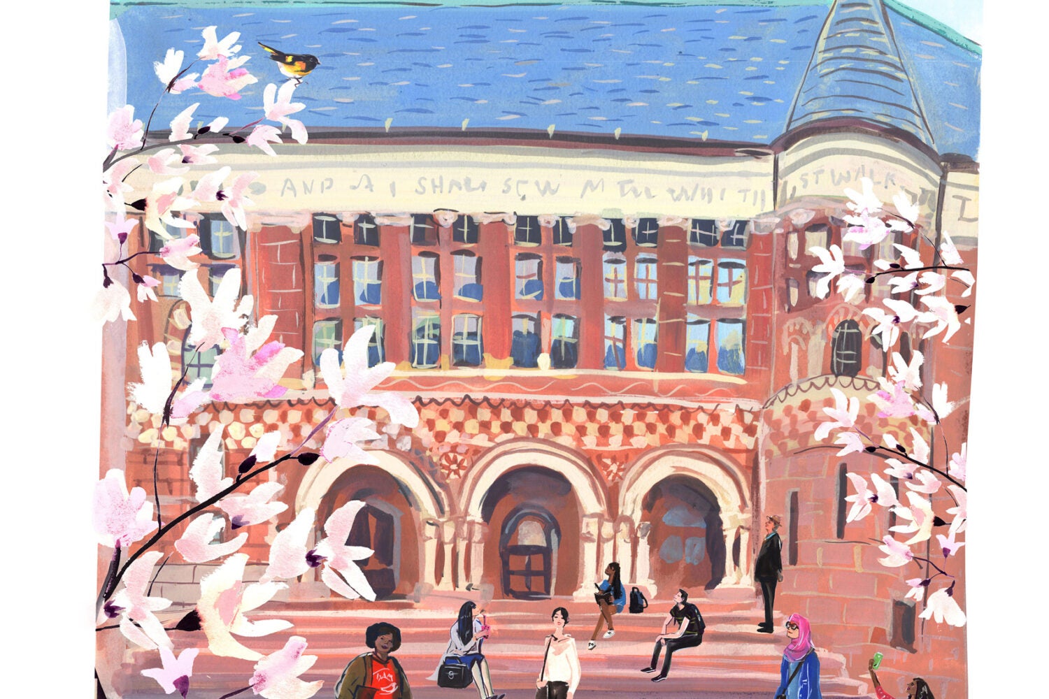 An illustration of Austin Hall in the springtime with various people walking in front of it.