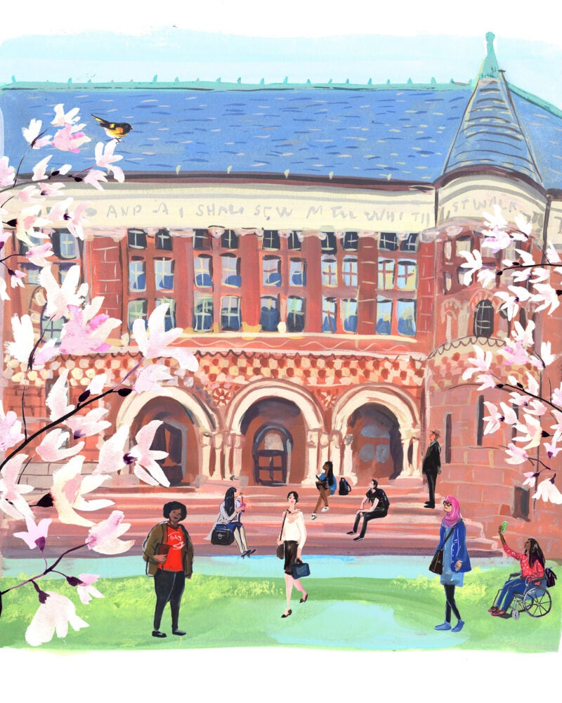 An illustration of Austin Hall in the springtime with various people walking in front of it.