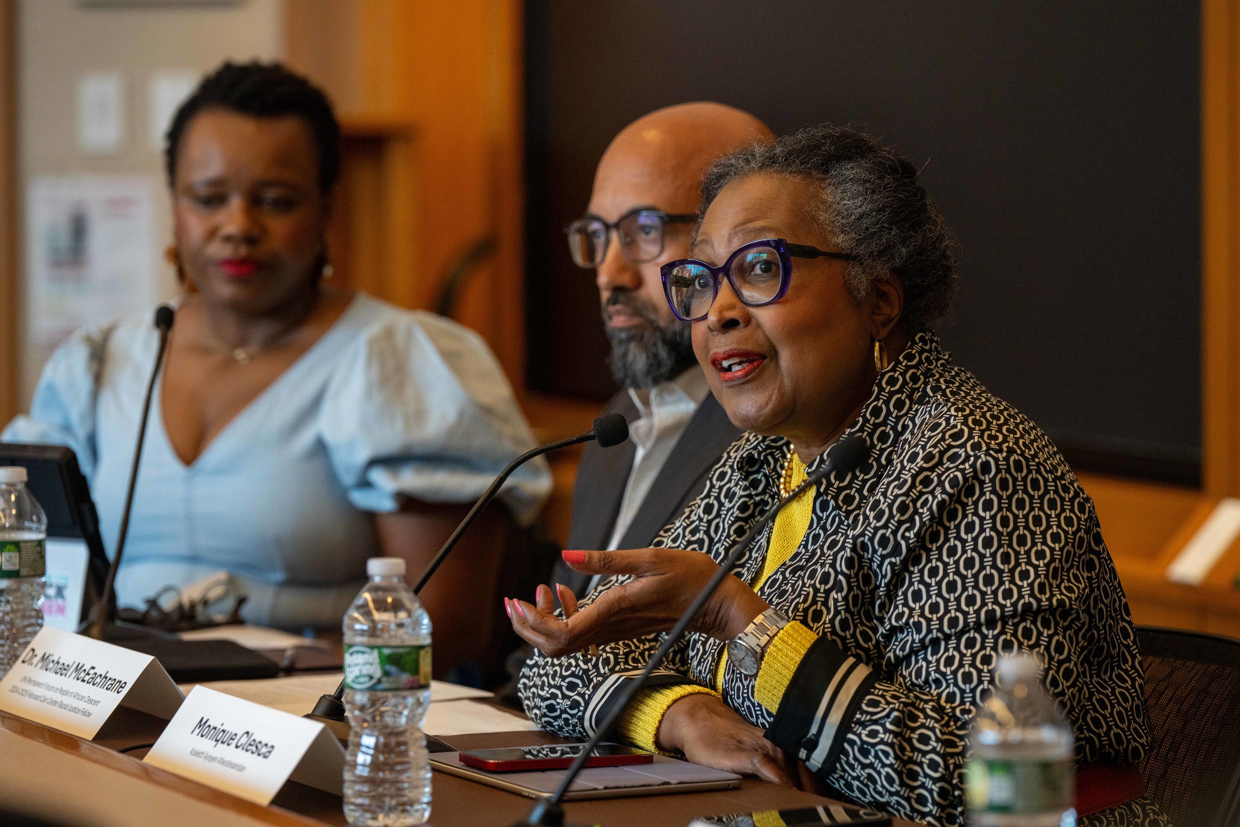 Monique Clesca speaks as part of a panel.