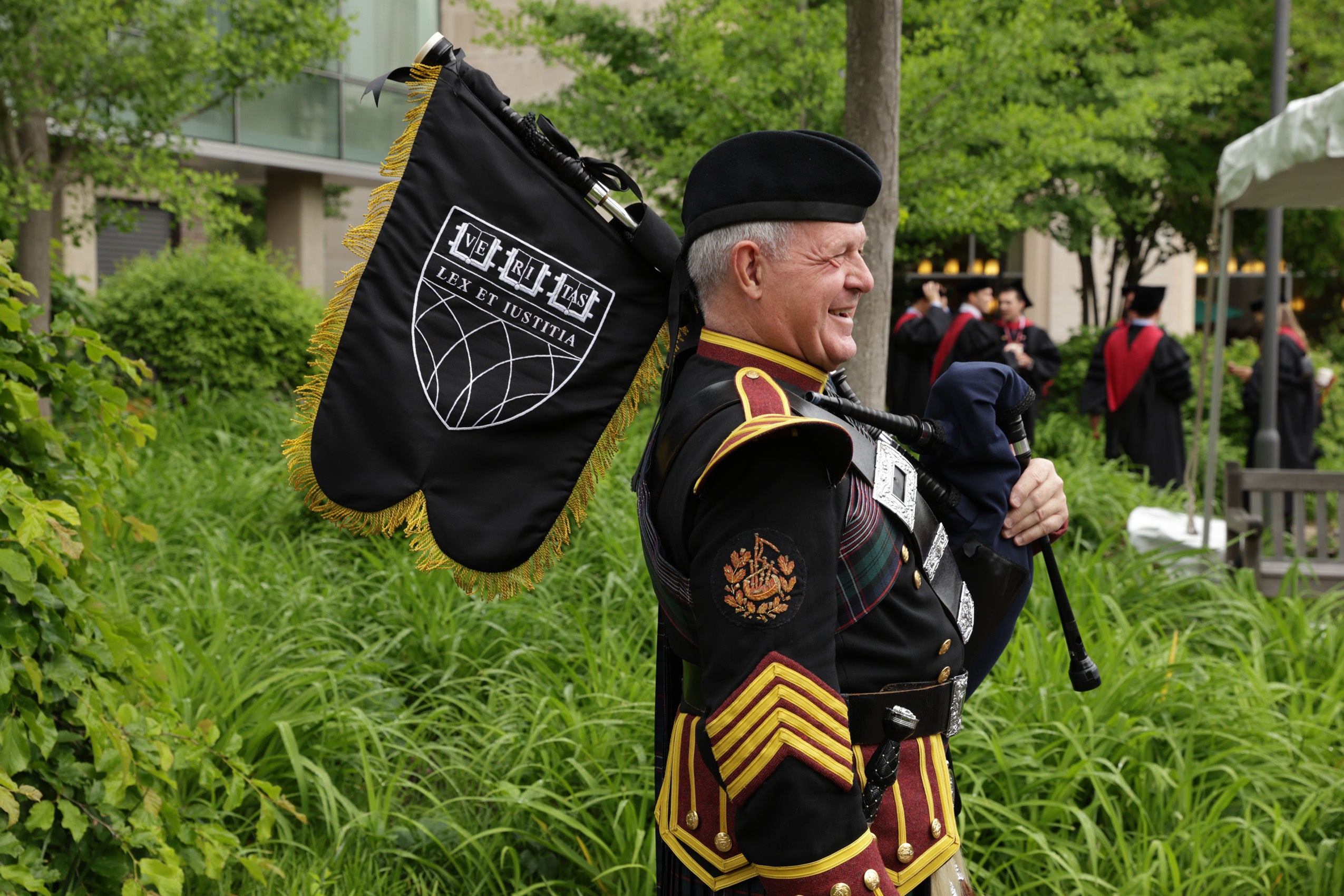 The bag piper smiling