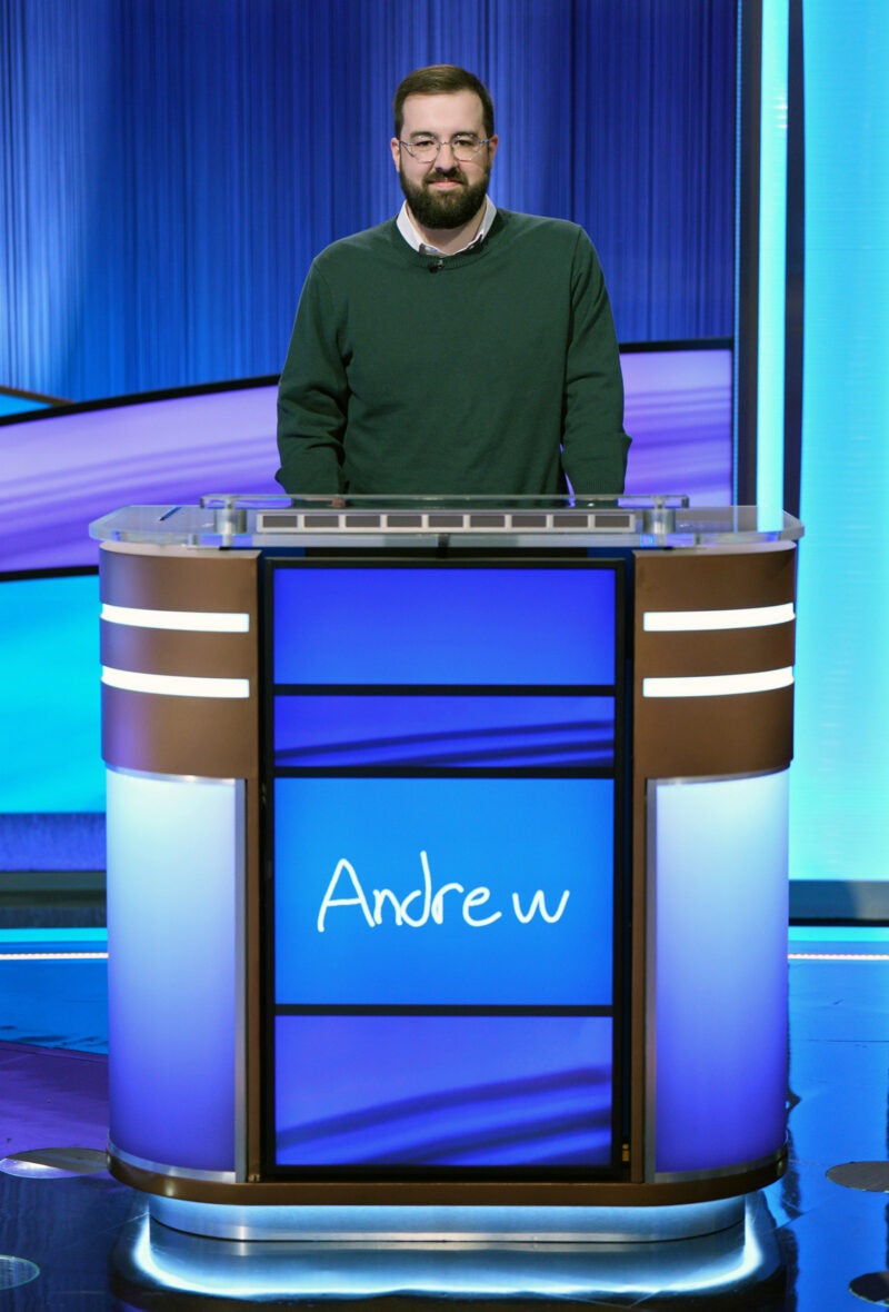 Andrew Hayes behind the Jeopardy! podium.