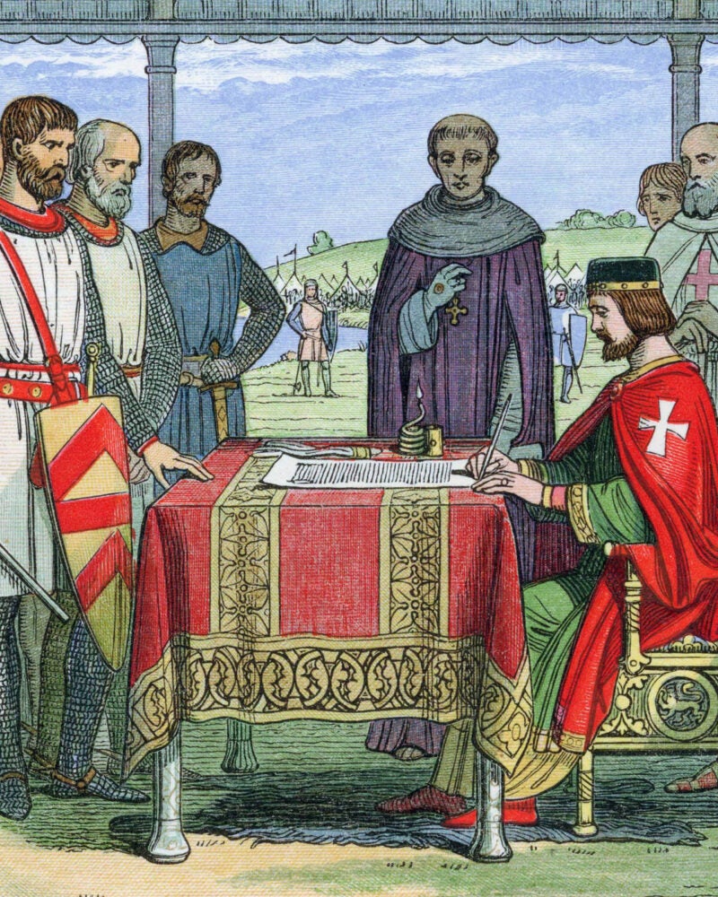 Illustration of King John signing Magna Carta.