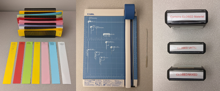 Three images from left to right: colored strips of paper to flag material for digitization laid out on a table, paper cutter and micro spatula, and three stamps used to label restricted materials.