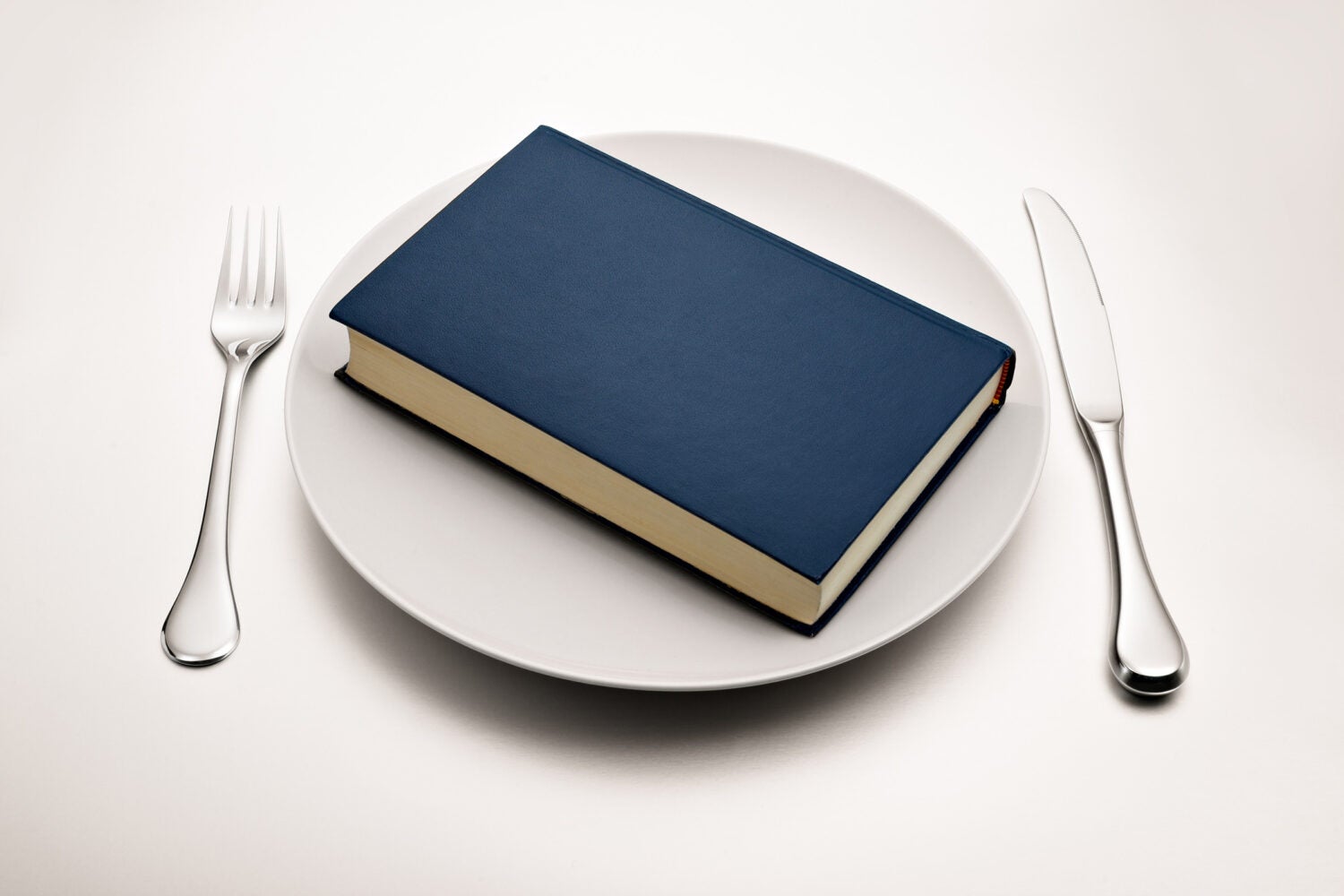 Blue book on a dinner plate