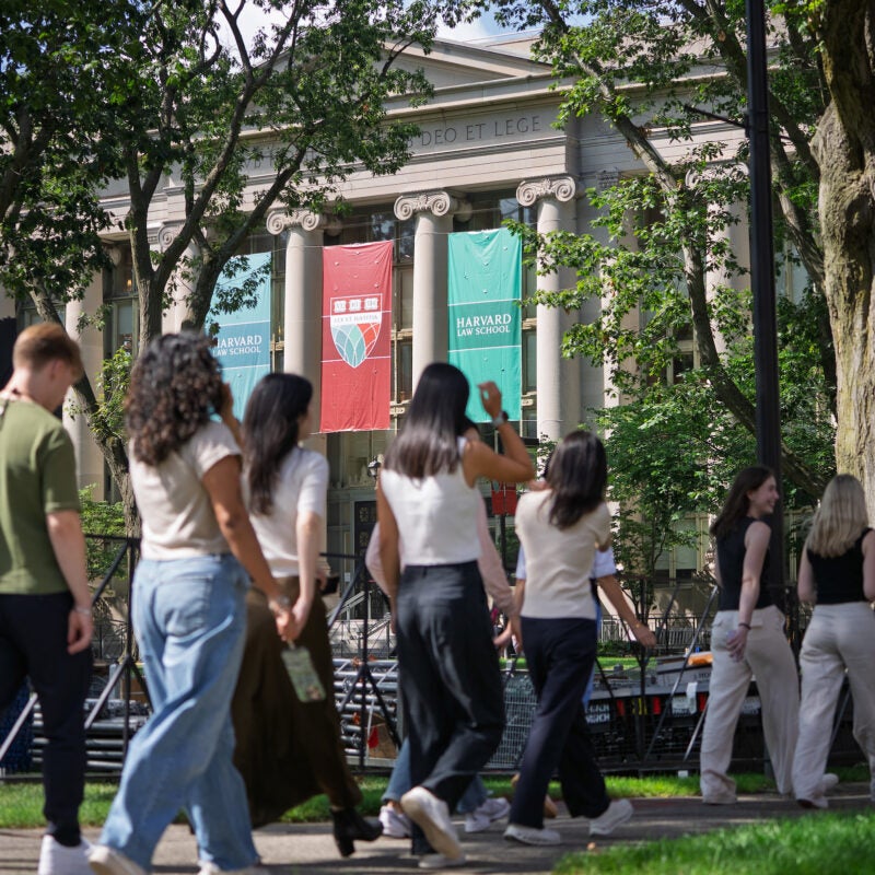 Students return to campus on a path near Langdell Hall.
