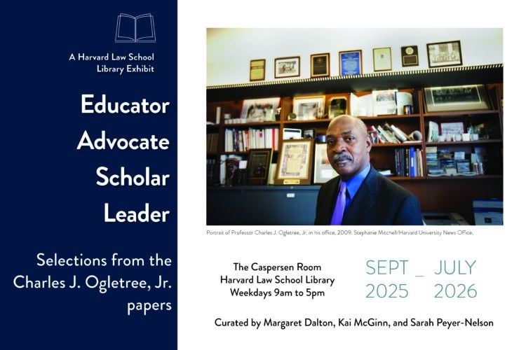 Exhibit poster, text on left side, color photograph of Ogletree in his office in center.