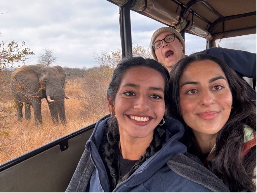 Three people in a safari vehicle with elephant in background.