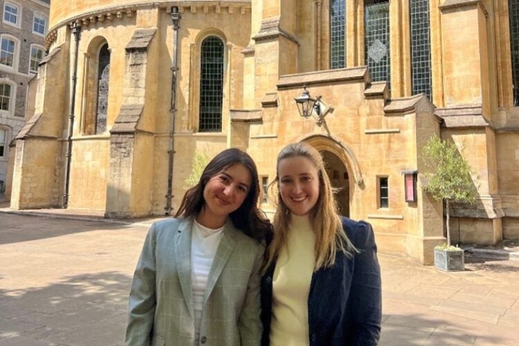 Two women outside the Inns of Court in London.
