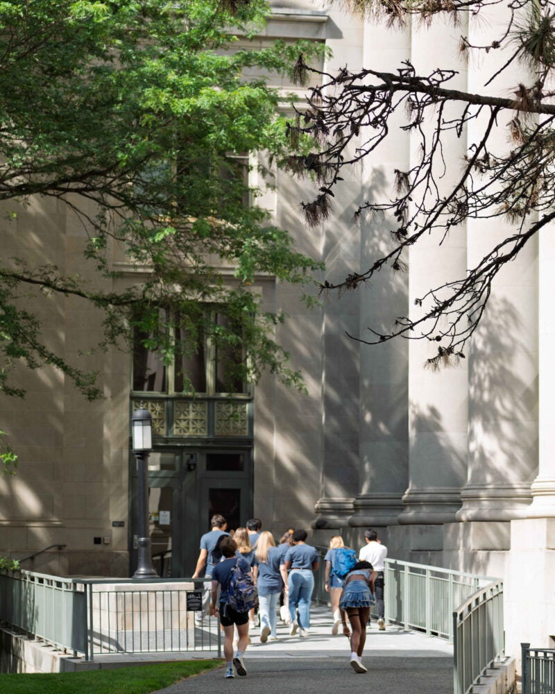 Students walk into Langdell during orientation.