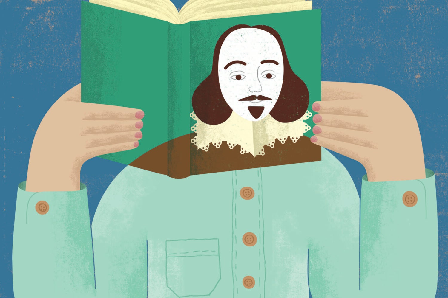 An illustration of a person holding a book with the face of Shakespeare opened in front of a persons face.