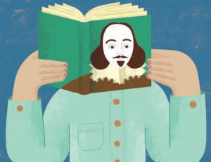 An illustration of a person holding a book with the face of Shakespeare opened in front of a persons face.