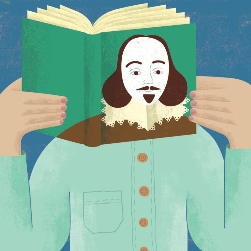 An illustration of a person holding a book with the face of Shakespeare opened in front of a persons face.