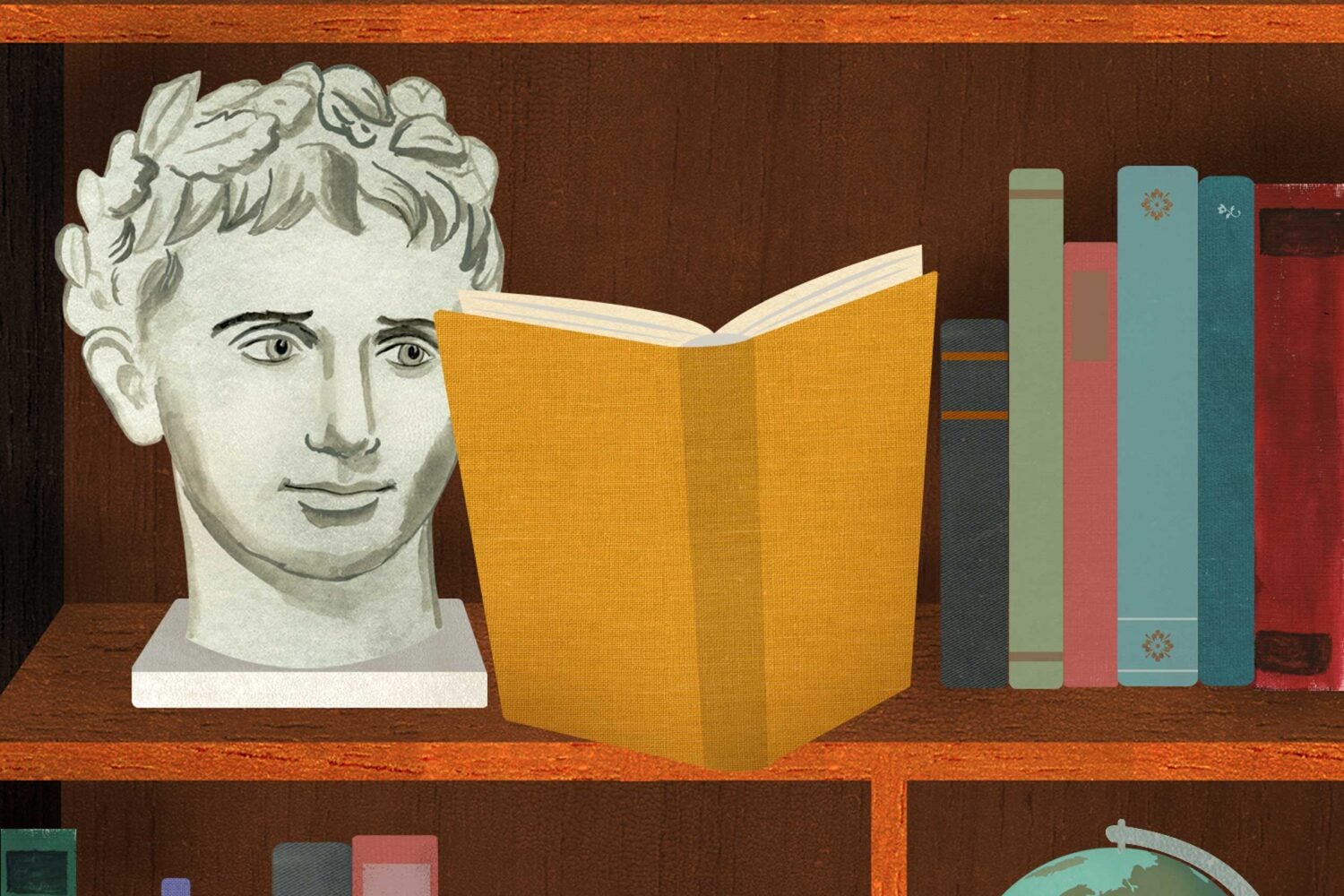 An illustration showing a bookshelf with the bust of a stature looking at an open book on the shelf.