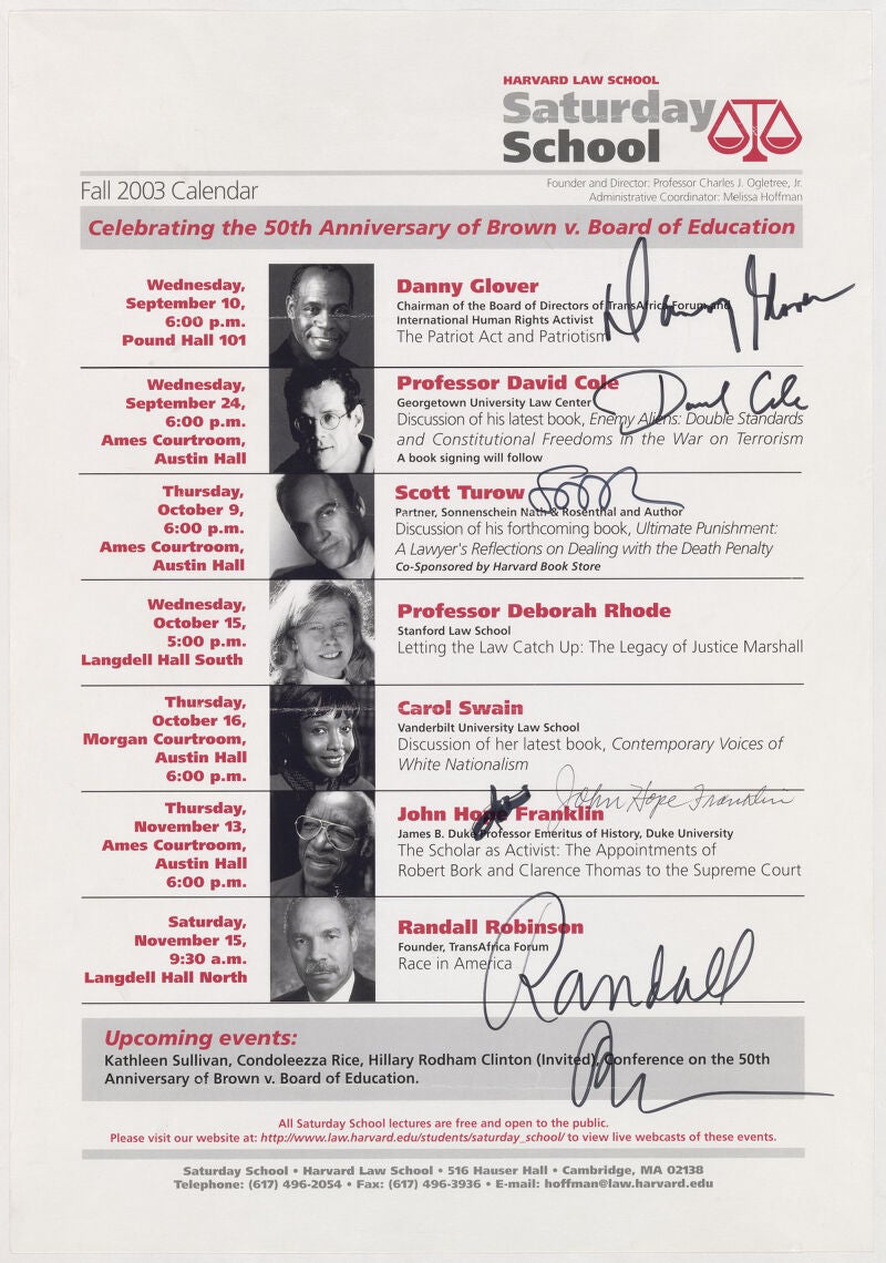 A poster with portraits and signatures of selected speakers.