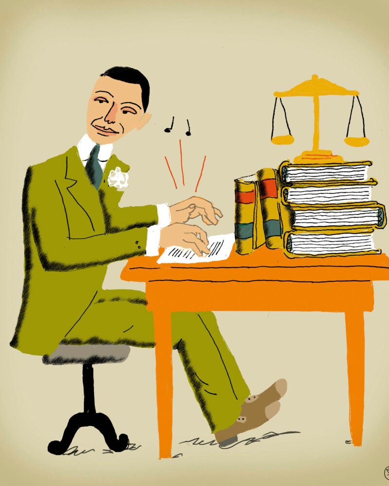 An illustration of a man in a suit sitting at a table playing music with law books and scales of justice.