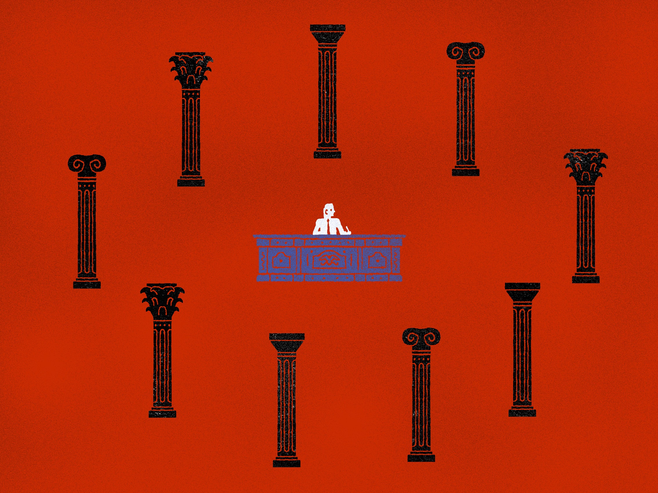 An illustration. On a red background nine columns surround a man sitting at a desk.