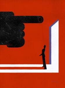 An illustration. A large black hand with a finger pointing towards an open door and a person standing in the front of the opening.