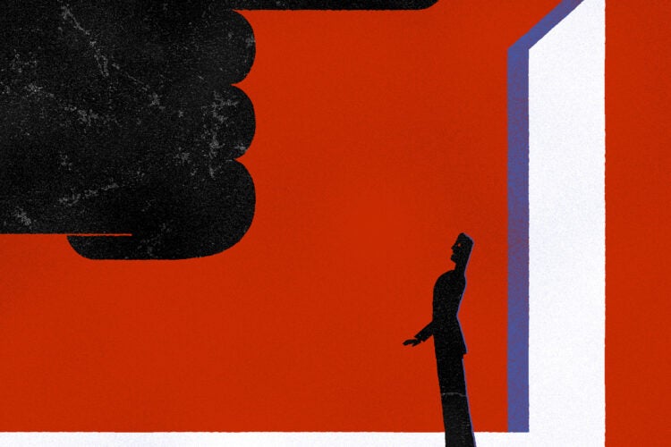 An illustration. A large black hand with a finger pointing towards an open door and a person standing in the front of the opening.