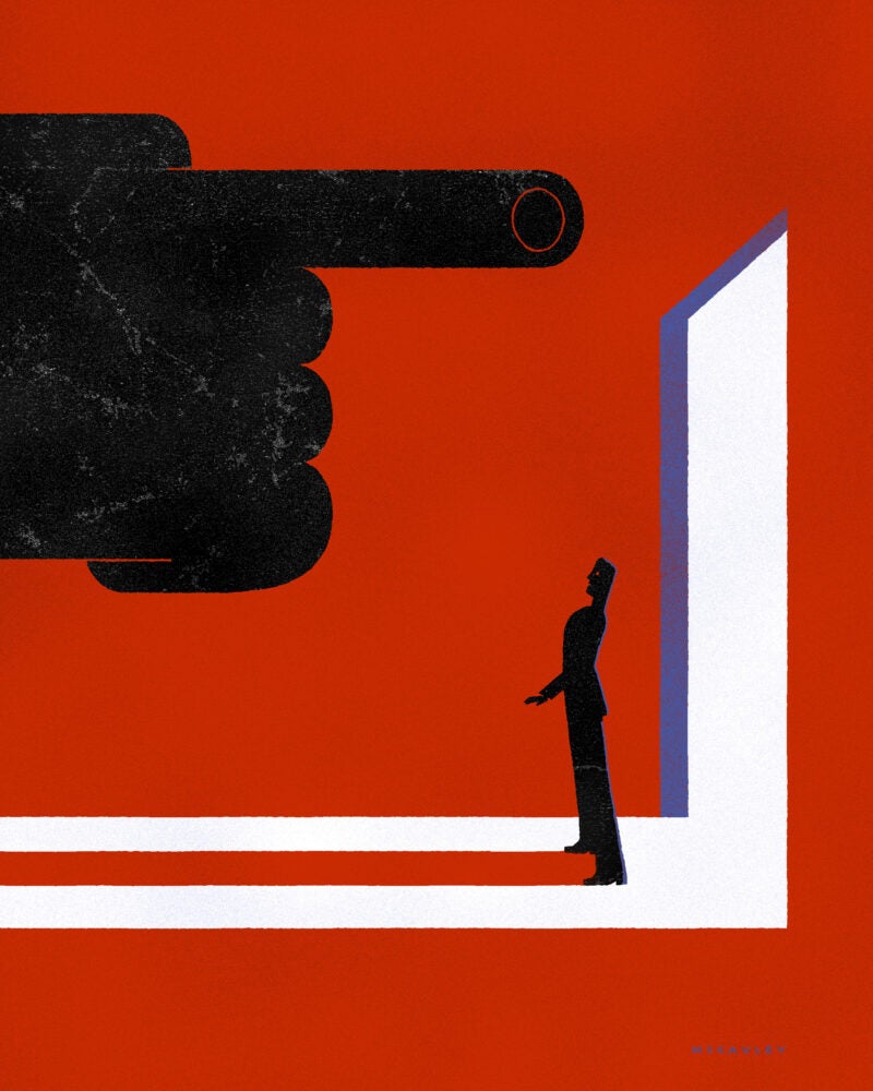 An illustration. A large black hand with a finger pointing towards an open door and a person standing in the front of the opening.