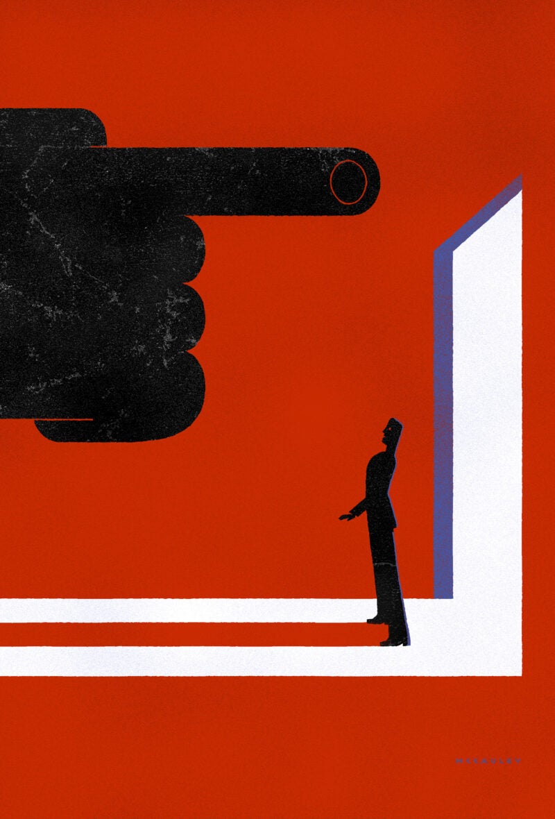 An illustration. A large black hand with a finger pointing towards an open door and a person standing in the front of the opening.