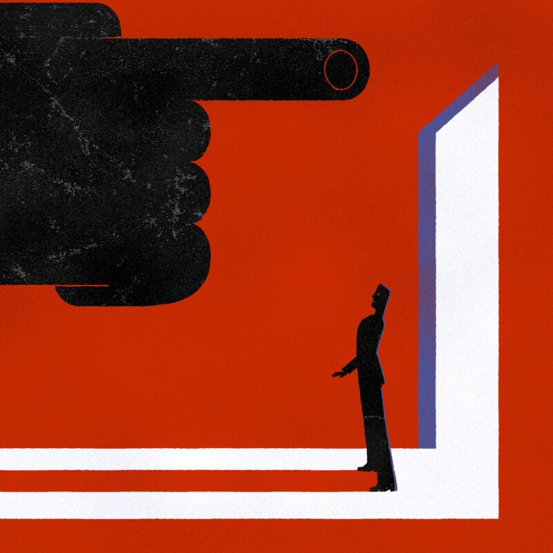 An illustration. A large black hand with a finger pointing towards an open door and a person standing in the front of the opening.