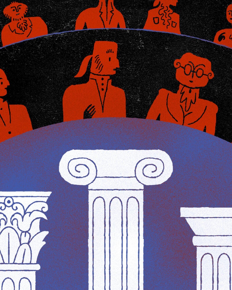 An illustration of rows of founding fathers and columns of the court.