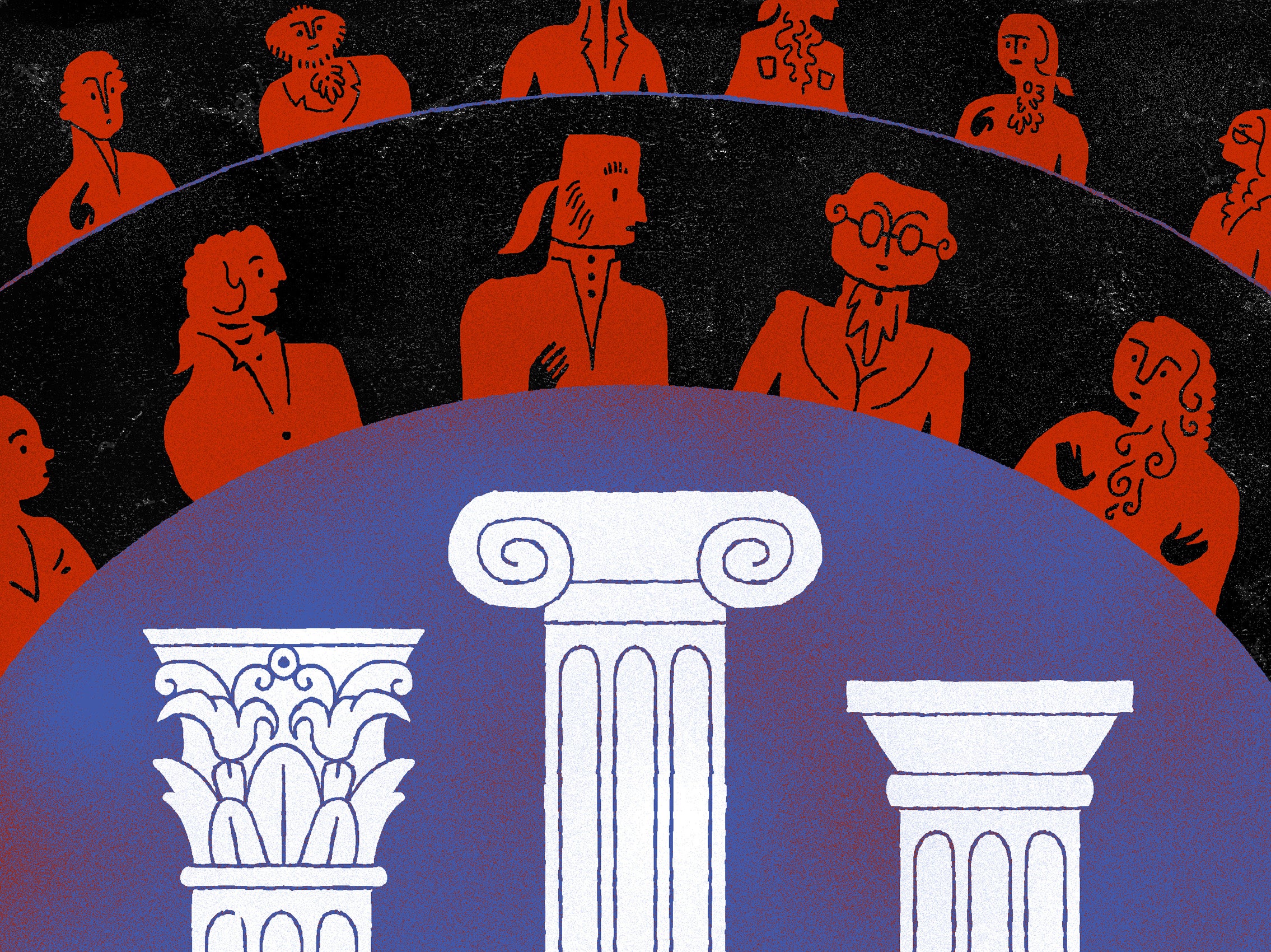 An illustration of rows of founding fathers and columns of the court.