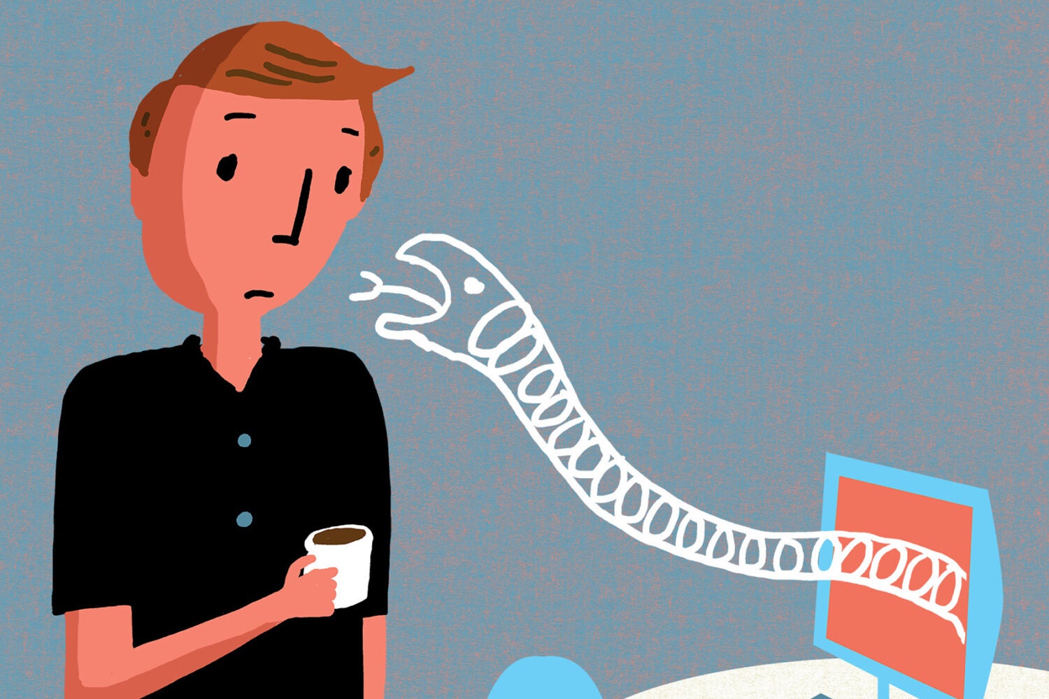 An illustration of a man holding a cup of coffee standing near a computer with a snake coming out of it.